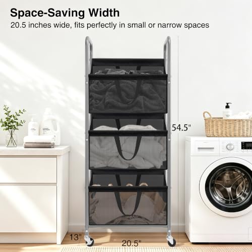 3-Tier Vertical Rolling Laundry Hamper, Removable Bags, Black Mesh | 120L Capacity, Space-Saving Vertical Design, Rust-Resistant Steel Frame, Lockable Wheels, Ideal for Apartments & Small Spaces