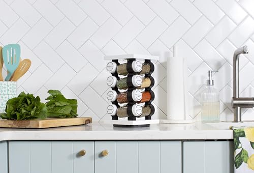 16 Jar Rotating White Spice Rack | Spices Included, 5-Year Spice Refill Program, Compact Countertop, Glass Jars
