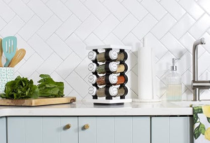 16 Jar Rotating White Spice Rack | Spices Included, 5-Year Spice Refill Program, Compact Countertop, Glass Jars