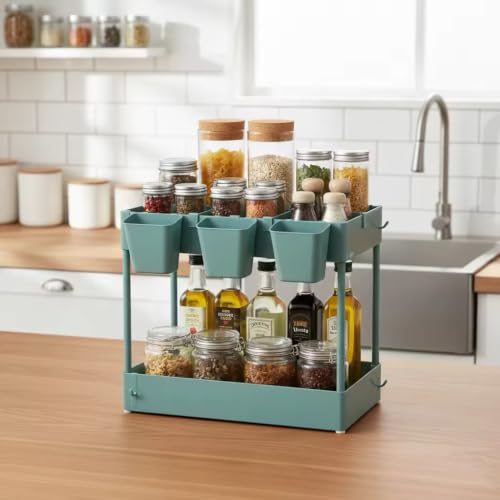 Storage Cart on Wheels, 3 Tier Bathroom Cart Organizer Slim Laundry Narrow Shelf with Wheels Dividers Hanging Cups Hooks Handle Easy Assembly, Green