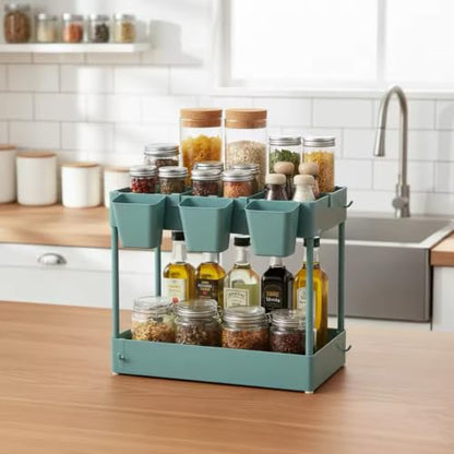 Storage Cart on Wheels, 3 Tier Bathroom Cart Organizer Slim Laundry Narrow Shelf with Wheels Dividers Hanging Cups Hooks Handle Easy Assembly, Green