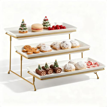 3 Tier Serving Tray for Party, Tiered Serving Plat... (Gold Stand | Ceramic)