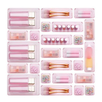 Kitchen Desk Drawer Organizers Storage for Office, Small Acrylic Vanity Trays Makeup Organizer for Drawer Bathroom Plastic Make up Organizers 25 Pcs Pink