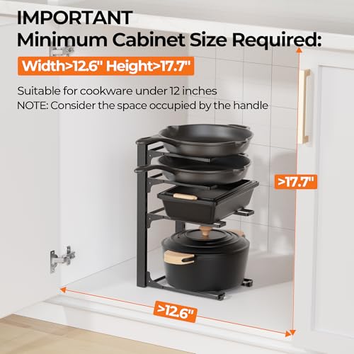 MUDEELA Pot and Pan Organizer Under Cabinet 15.75", 4-Tier Pot Rack, 1 Pack | Adjustable Tier, Tool-Free Assembly, Max 88 Lbs, Fits Cast Iron Pans, Skillets & Heavy Shallow Cookware, For Kitchen Cabinets