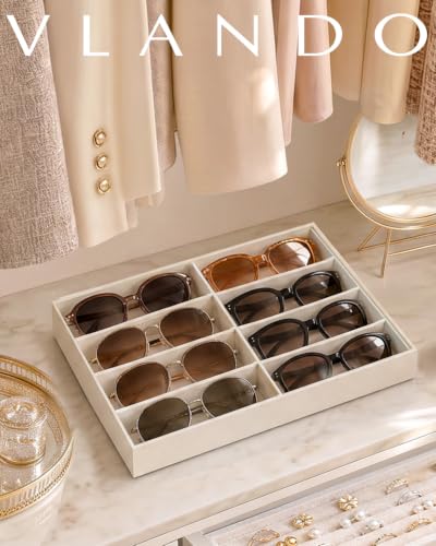 VLANDO Sunglasses Organizer,Stackable Jewelry Tray for Glasses,Beige | Removable Dividers, Soft Velvet Lining, Drawer Organizer for Glasses, Watches, Vanity Display, Gift for Women Girl