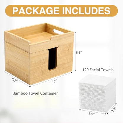 Bamboo Face Towel Holder with 120 XL Towels - Open-Top Skincare Organizer for Facial Cleansing Wipes & Beauty Essentials - Bathroom Countertop Vanity Organizer