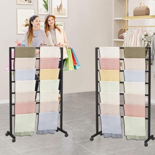Freestanding Scarf Display Stand, Double-Sided Floor Towel Hijab Rack | Black Metal Belt Shawl Scarf Organizer for Boutique Display Commercial Retail Store Home, 360° Rotatable Easy Assembly