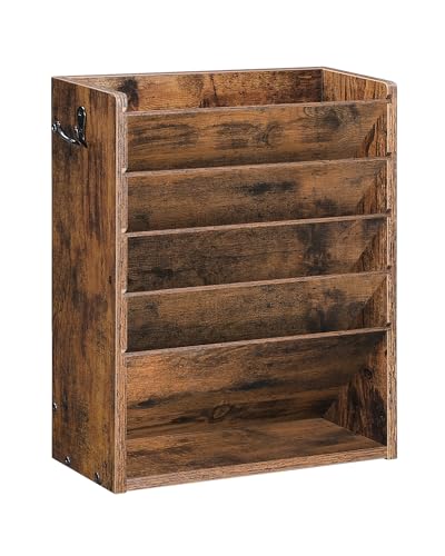 Wall File Organizer, 6-Tier Vertical Mount Hanging Holder with 2 Side Hooks, Vintage Wooden Magazine Storage Crate with Bottom Flat Tray, Desk Organizer, for Office, Home, Rustic Brown MWJ01FG