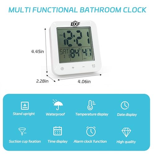 Digital Shower Clock Waterproof,Bathroom Extra Large LCD Screen Wall Clock Timer,Countdown,Moisture Proof,Anti Splash,Display Temperature,Time,Date and Week,Suction Cup,Hanging,Hole Stand