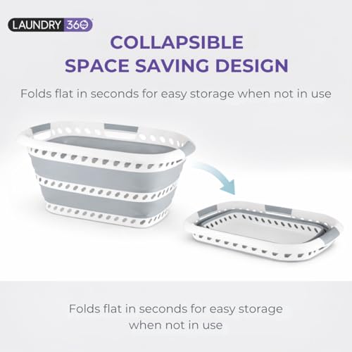 Laundry 360 Collapsible Laundry Basket 40L | Portable | Space Saver Storage | Hold 2 Loads | Store Under the Bed or Closet | Good for Kids | Dorm | Bedroom | Large | White/Grey