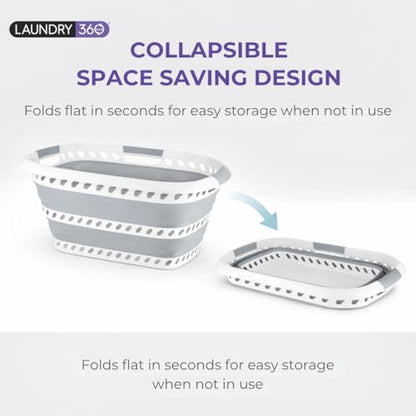 Laundry 360 Collapsible Laundry Basket 40L | Portable | Space Saver Storage | Hold 2 Loads | Store Under the Bed or Closet | Good for Kids | Dorm | Bedroom | Large | White/Grey