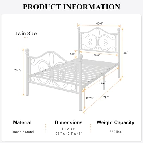 SHA CERLIN Twin Size Metal Bed Frame with Butterfly Headboard, White