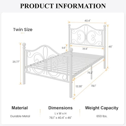 SHA CERLIN Twin Size Metal Bed Frame with Butterfly Headboard, White