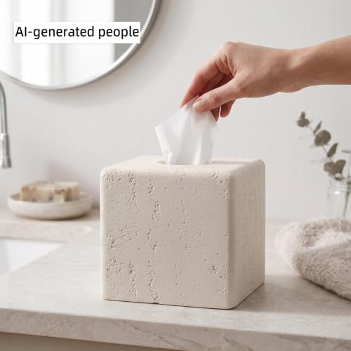 Tissue Box Cover Square, Modern Facial Tissue Holder,Cream | Luxurious Travertine Stone Look, Decorative Toilet Paper Dispenser, For Home Decor Bedroom Living Room Office Hotel Cafe Bar