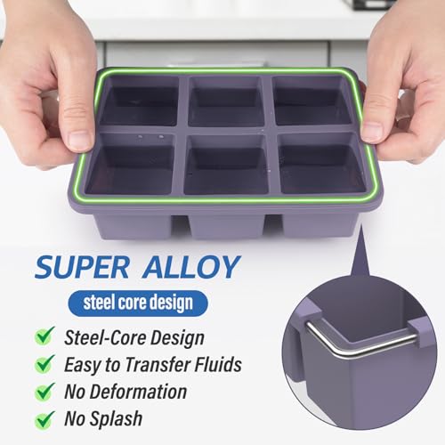 Large Silicone Ice Cube Trays with Lids, 2 Pack, Makes 2-Inch Cubes | Food-Grade Silicone, Steel-Reinforced Rims, Easy-Release, Stackable for Whiskey, Cocktails, Juice, Soup & Meal Prep
