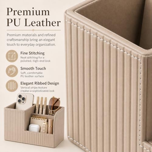 Desk Pen Organizer Office Supplies Caddy Pu Leather Multi-function Storage Box Pen/Pencil,Cell phone, Business Name Cards Remote Control Holder (Mocha Beige)