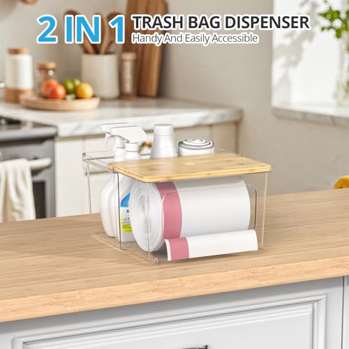 Trash Bag Dispenser Roll Holder - Clear Garbage Bag Holder Dispenser with Bamboo Lid and Sliding Drawer Box, Trash Bag Holder for Kitchen, Under Sink, Laundry Room Organization and Storage