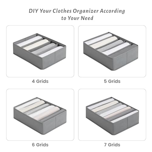 4 Packs Adjustable T-shirt Drawer Organizers for Clothing with 6 Adjustable Dividers, 7 Grids Wardrobe Storage Box, DIY Clothes Organizer for Folded Clothes, T-shirt, Legging