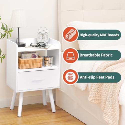 Yoobure Modern Nightstand with Drawer, Bedside Tables, Mid Century Nightstands with Open Storage Shelf, Wood Bedside Table, Small Night Stands for Bedrooms, 2-Tier Night Table