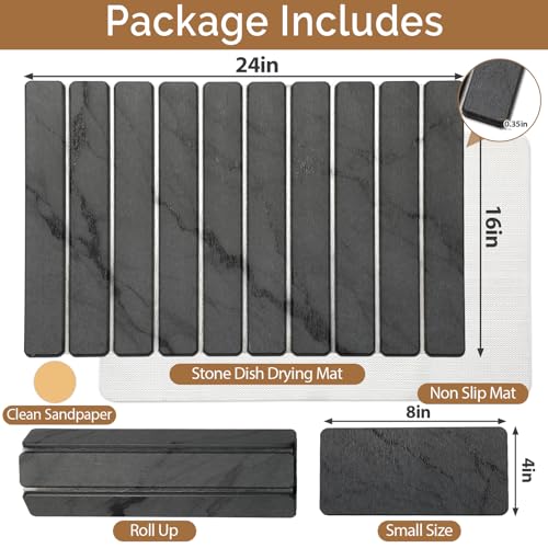Large Stone Dish Drying Mat for Kitchen Counter, Quick Dry Stone Dishes/Bath Mats,Foldable Water Absorbing Diatomaceous Earth Drying Organizer Pad for Plate Rack Bottles Utensils(Dark Gray 24"×16")