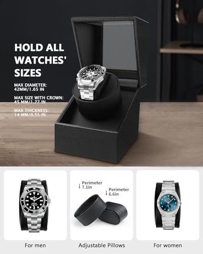 Watch Winder for Automatic Watches: Automatic Single Watch Winder Box | Japanese Quiet Motor, Anti-Magnetic Design, USB-C or Battery Power, Adjustable Pillow, Black Carbon Fiber, Gift for Men