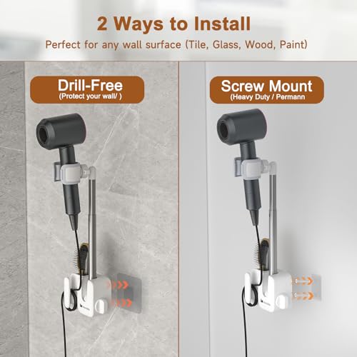 Hands Free Hair Dryer Holder Wall Mount, Anti-Shake Blow Dryer Stand with Storage Slot, Drill-Free Adhesive or Screw Installation, Height & Front-Back Adjustable Arm, Bathroom Organizer(White)