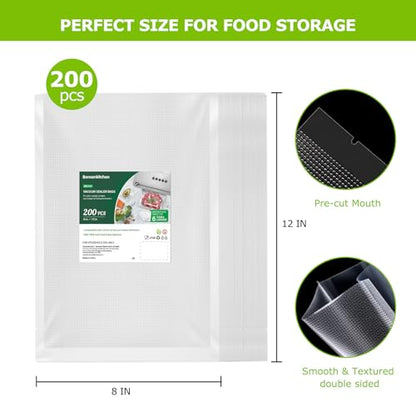 Bonsenkitchen Precut Vacuum Sealer Bags 200 Quart 8" x 12", BPA Free | Commercial Grade Textured Food Vacuum Sealer Bag, Thick Embossed Bags for Storage and Sous Vide Cooking, VB3208