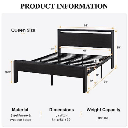 SHA CERLIN 14 Inch Queen Size Metal Platform Bed Frame with Wooden Headboard and Footboard, Mattress Foundation, No Box Spring Needed, Large Under Bed Storage, Non-Slip Without Noise, Black Oak