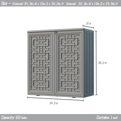Mrosaa Indoor Outdoor Storage Cabinet Waterproof with Shelf,Plastic Storage Sheds Outdoor Cabinets for Patio/Garden/Backyard, Size 34.3''L*15''W*36.2''H（Gray）