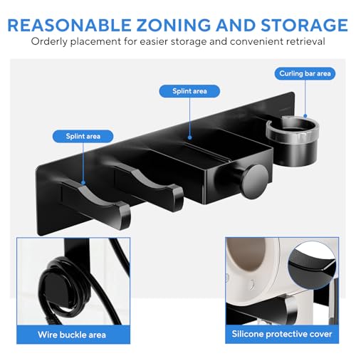 Hair Dryer Holder Wall Mounted with Cord Organizer, Curling Iron Holder | Hair Straightener Holder, Bathroom Hair Tool Organizer and Storage, Metal Blow Dryer Holder Rack for Most Dryers