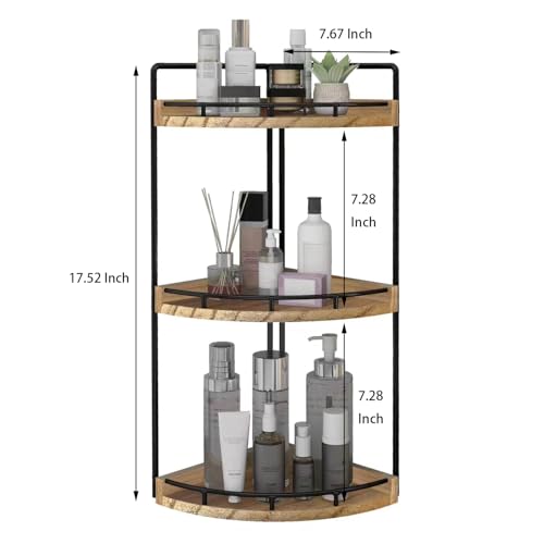 Dorhors Corner Bathroom Organizer Countertop,Vanity Counter Storage Shelf | 3 Tier Rustic Brown Stand Rack Holder for Kitchen,Dresser,Restroom,Wood Bathroom Sink Tray for Makeup,Perfume,Skincare,Lotion