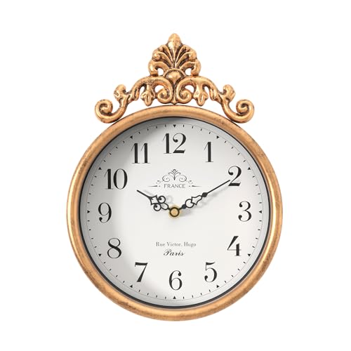 Small French Decorative Wall Clock, Gold Antique | Vintage Boho Style, Silent Battery Operated Wall Clocks for Farmhouse,Kitchen,Bathroom,Bedroom (10.23" H x 7.7" W)