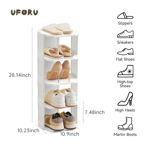 UFORU 5-Tier Small Vertical Shoe Rack,Plastic Shoe Organizer,Narrow Spaces | White Free-Standing Stackable Design for Closets,Entryways,Dorms and Corners,Tool-Free Assembly,Vertical Shoe Rack Tower