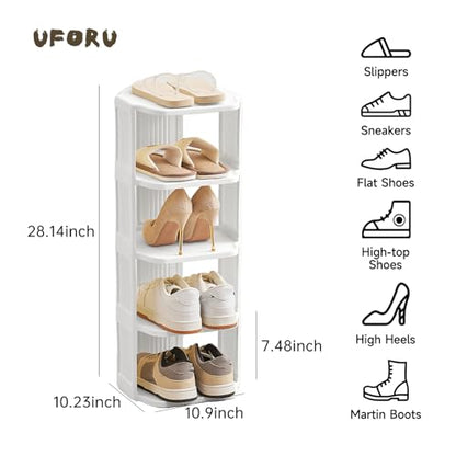 UFORU 5-Tier Small Vertical Shoe Rack,Plastic Shoe Organizer,Narrow Spaces | White Free-Standing Stackable Design for Closets,Entryways,Dorms and Corners,Tool-Free Assembly,Vertical Shoe Rack Tower
