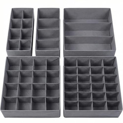 Lourome Underwear Drawer Organizer, 5-Pack, for Socks, Bras, Tie, Grey | Fits Standard 13"+ Dressers, 55 Compartments, Storage Bins for Bedroom, Closet & Bathroom