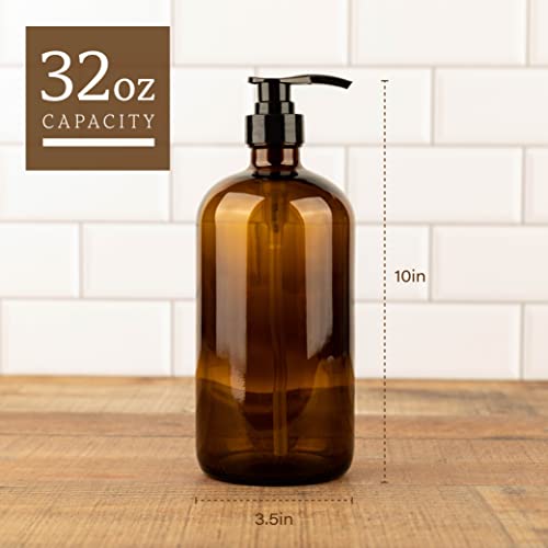 32 Ounce Glass Shampoo and Conditioner Dispenser Bottle with Pump, Shower - 1 Liter Body Wash Dispenser for Shower & Laundry Detergent Dispenser- by Kitchentoolz - Set of 2