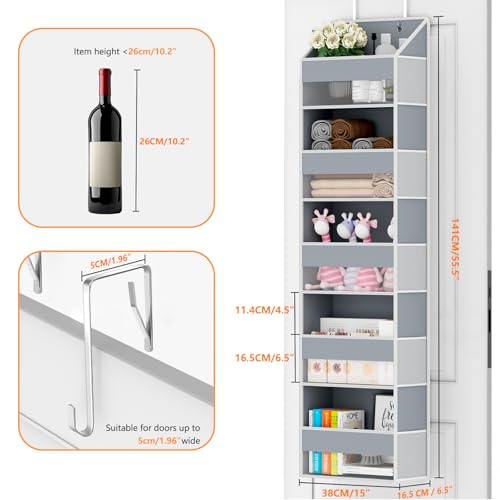 Over The Door Organizer - Over Door Storage Organizer with 5 Large Pockets & 10 Mesh Side Compartments - Heavy-Duty Hanging Storage for Bathroom, Bedroom & Closet - Baby Room Organize - Grey