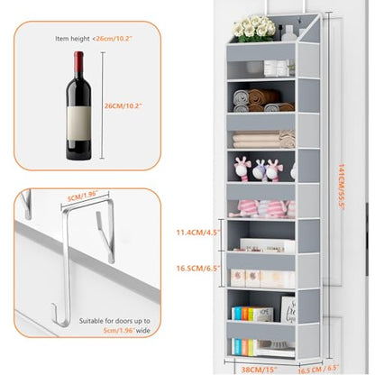 Over The Door Organizer - Over Door Storage Organizer with 5 Large Pockets & 10 Mesh Side Compartments - Heavy-Duty Hanging Storage for Bathroom, Bedroom & Closet - Baby Room Organize - Grey