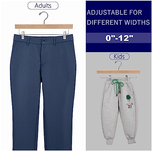 Amber Home 24 Pack Natural Wooden Pants Hangers with Adjustable Clips, 14" | Wood Skirt & Trouser Hangers, Closet Hangers for Bottom, Jeans, Slacks, Shorts
