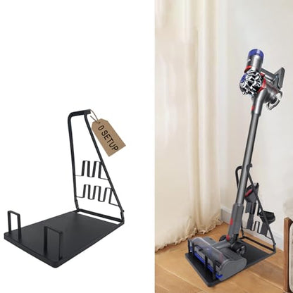 No Installation Required Vacuum Stand for Most Stick Vacuum,Black | No-drill freestanding metal holder. Heavy base prevents tipping. Fits most cordless stick models. Stores attachments neatly.