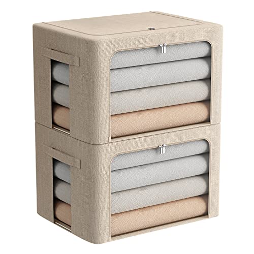 FHSQX 2 Pack Clothes Storage Bins with Metal Frame, Beige, 15.7x11.8x11.7 Inch