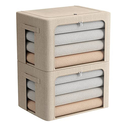 FHSQX 2 Pack Clothes Storage Bins with Metal Frame, Beige, 15.7x11.8x11.7 Inch