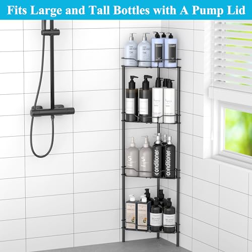 4 Tier Floor Standing Corner Shower Caddy Organizer Shelf with Hooks, Bathroom Shelves Stand Rack, Black | Adhesive Bathroom Organizer Shelves, Free Standing Shower Rack with Hooks, Hold Large Shampoo Bottles