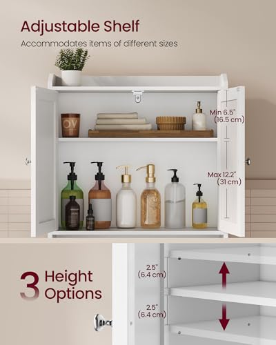 VASAGLE Over the Toilet Storage Cabinet, Adjustable Shelves, Space-Saving | Bathroom storage cabinet with doors, Modern, Cloud White, 7.9 x 24.6 x 66.9 Inches, UBTS008WH01S