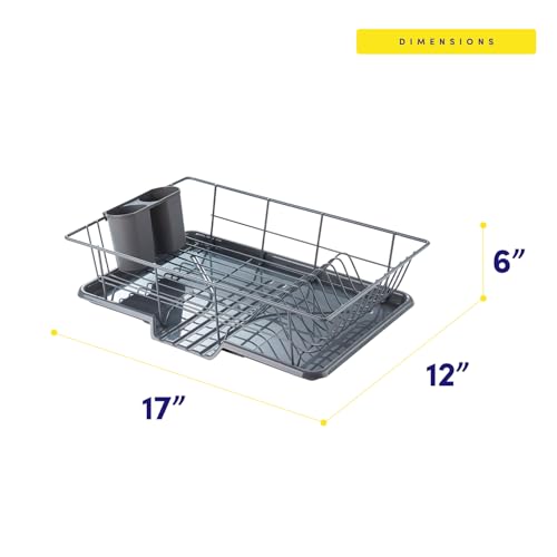 Sweet Home Collection Space-Saving 3-Piece Dish Drainer Rack Set: Efficient Kitchen Organizer for Quick Drying and Storage - Includes Cutlery Holder and Drainboard - Maximize Countertop Space, Gray