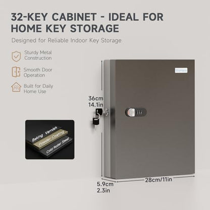 32-Key Key Lock Box, Steel Key Holder Cabinet with Combination Lock | Wall Mounted Key Organizer Box with Key Management App (Record Key Borrow/Return) for Home, Small Office, School, Rental