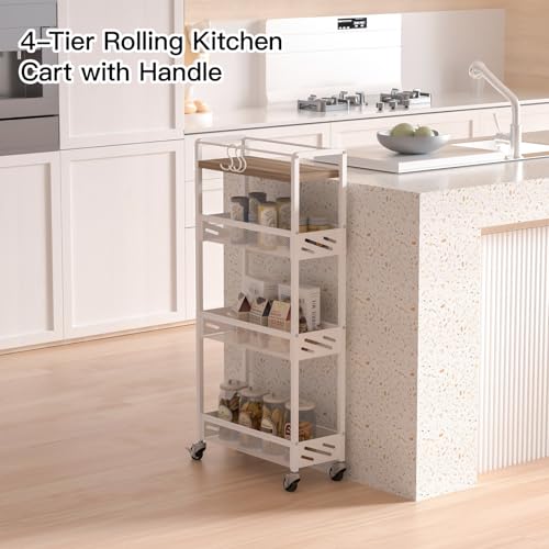 DGSNADGO Slim Rolling Storage Cart, 4-Tier Narrow Kitchen Cart with Wheels | Metal Mobile Snack Shelving, Skinny Rolling Spice Rack for Small Space in Kitchen, Living Room, Bathroom, Beige and White