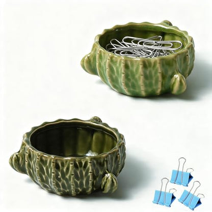 2 Pack Cactus Ceramic Paper Cilp Holder, Western Office Desk Decor | Cute Binder Clip Box with Non-Slip Bottom, Ideal for Home Vanity, Office Desk to Keep Bobby Pin, Hair Clip and Tiny Items