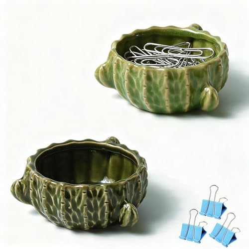 2 Pack Cactus Ceramic Paper Cilp Holder, Western Office Desk Decor | Cute Binder Clip Box with Non-Slip Bottom, Ideal for Home Vanity, Office Desk to Keep Bobby Pin, Hair Clip and Tiny Items