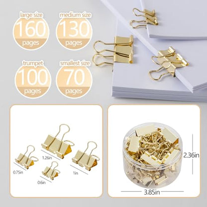 Binder Clip Paper Clamps, Assorted Sizes (Mini, Small, Medium, Large), 100 Pcs Clips for Office School Supplies (Gold)